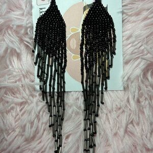 Black & Gunmetal Beaded Fringe Earrings | Extra Long Fringe